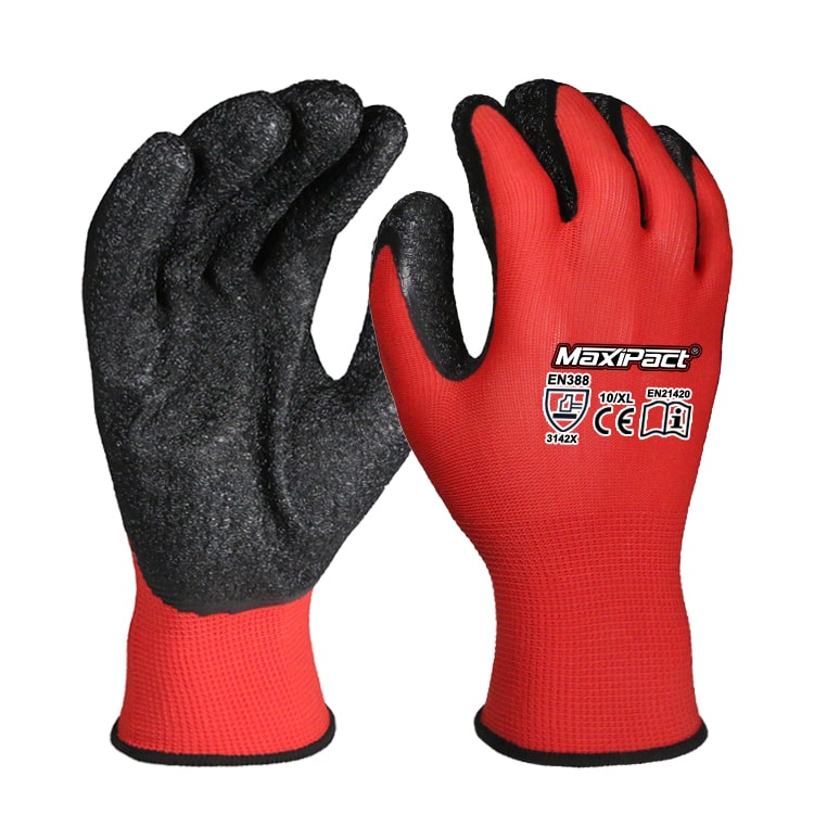 Red Black Latex Crinkle Palm Coated Gloves | MaxGlove.com