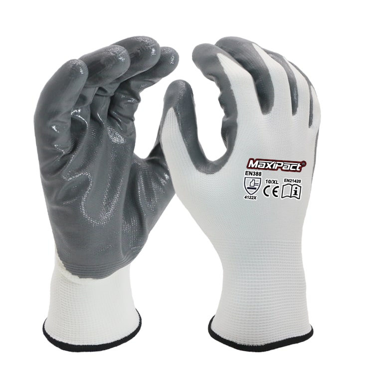 13-Gauge Polyester Grey Nitrile Palm Gloves | MaxGlove.com